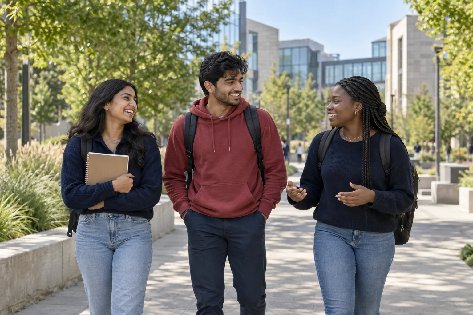 Illustrative student-life scene with three young adults in conversation