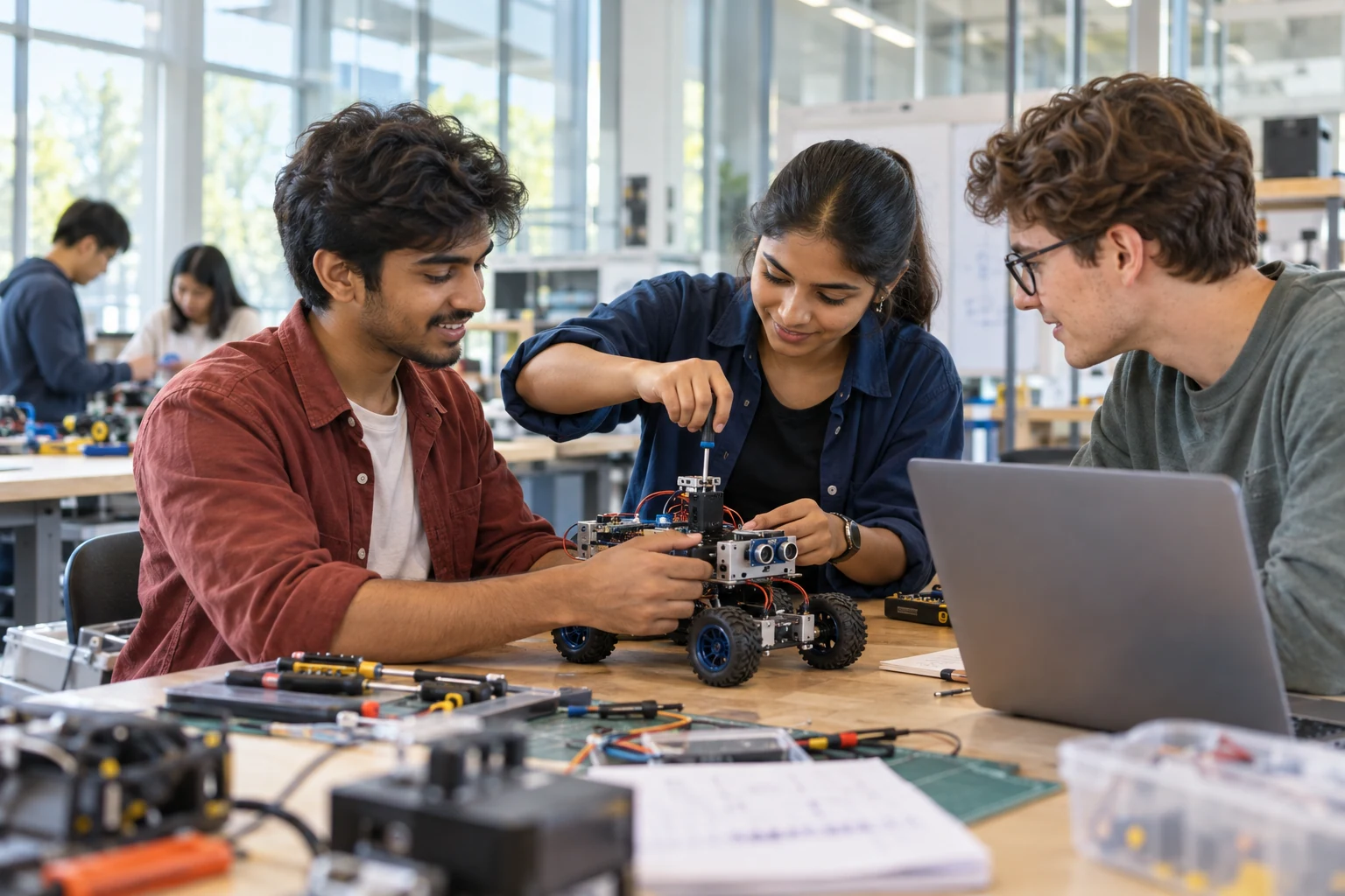 Students collaborating on a robotics prototype in an engineering lab