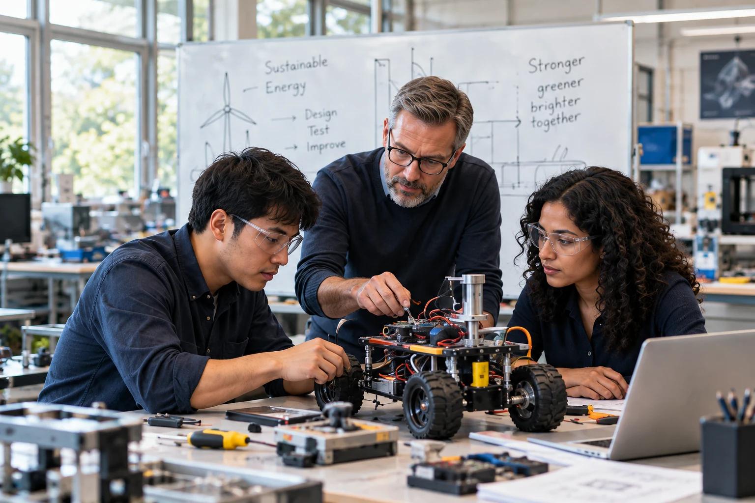 Researchers testing a robotics prototype in a university workshop